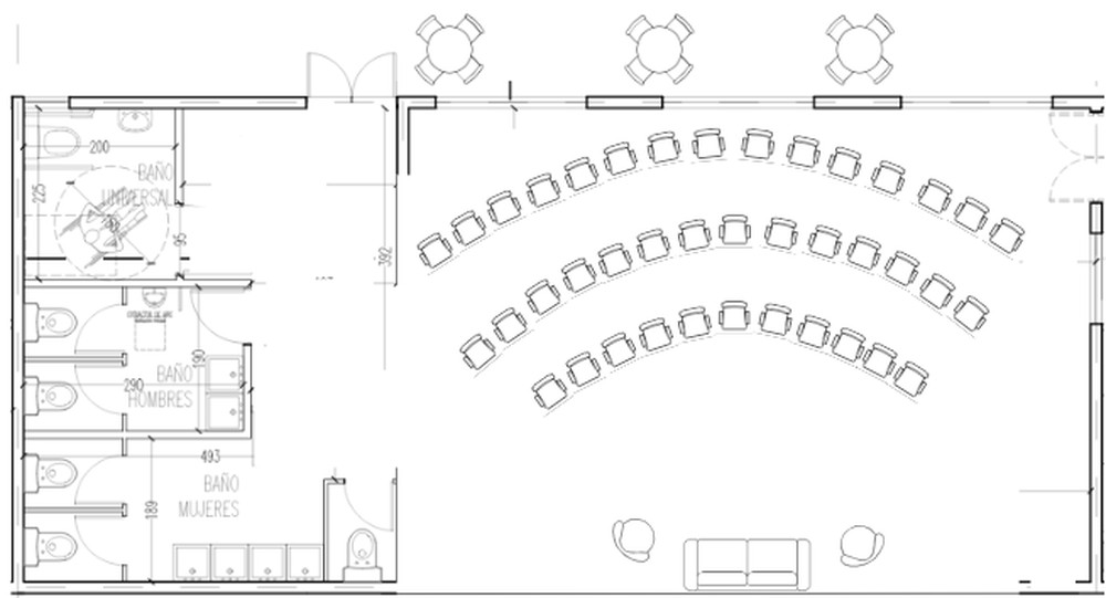 Plano del salón en montaje tipo conferencia para 40 personas