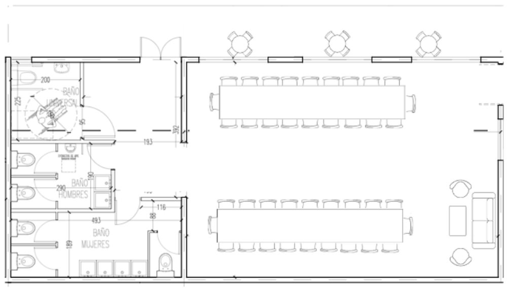 Plano del salón con mesas dispuestas a lo largo para 40 personas